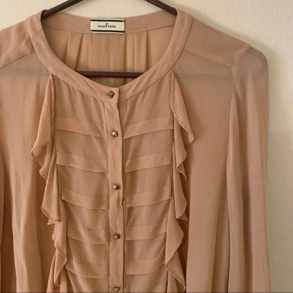 Tan Ruffle Silk Button Down Shirt - Picture 2 of 3